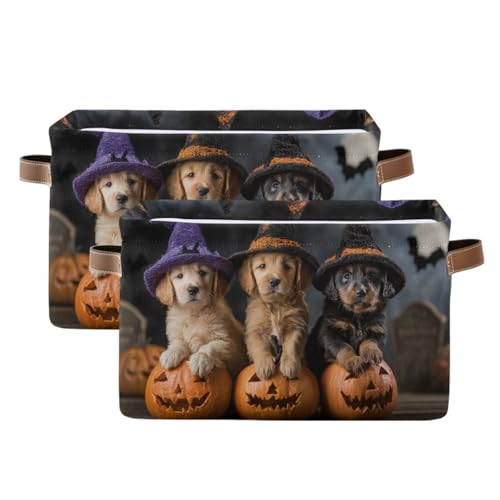 Image of Aslsiy Storage Basket Puppies Witch Hat Pumpkin Halloween Nursery Bins Baby Box Canvas Clothes Shelf Basket Laundry Hampers 2 Pcs