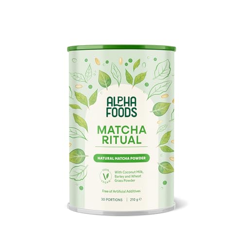 Alpha Foods Matcha Latte Pulver, vegan, 25% japanischer Zeremonien-Matcha Ritual mit Kokosnussmilch-, Gersten- und Weizengraspulver, für Smoothies, Shakes und Tee, 210g, 30 Portionen, Macha Powder