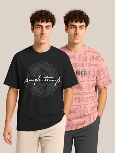 Image of BULLMER Trendy Half Sleeve Oversized Cotton Blend Crew Neck Tshirt for Men - Pack of 2
