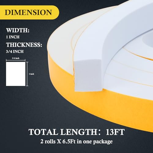 fowong White Weather Stripping Door Seal Strip- 2 Rolls, 1 Inch Wide X 3/4 Inch Thick, Window AC Insulation Foam Tape Anti-Vibration Neoprene Foam Seal Tape Soundproof, 6.5 Ft X 2, Total 13 Feet