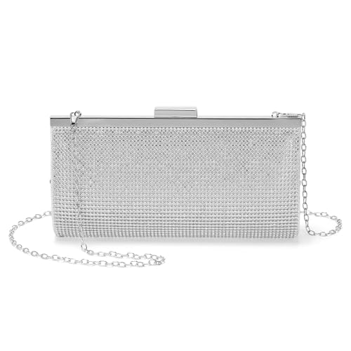DTGN Evening Bags Clutch Purses for Women Formal, Crystal Rhinestone Purse Handbag Crossbody Bag with Chain Shoulder Bag Sparkly for Wedding Guest Party Silver Silver