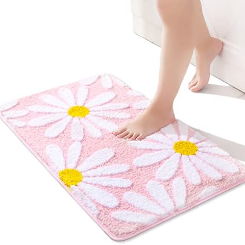 Pink Flower Bath Mat Cute Bathroom Rugs Lovely Shower Bathtub Mat Microfiber Soft