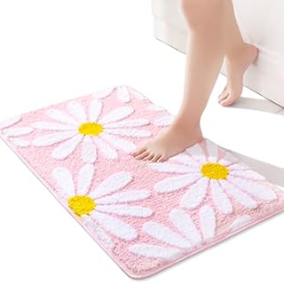 Grey Bath Mat White Flower Rug 40 x 60 cm, Non Slip Bath Mats for Bathroom, Soft Microfiber Bathroom Mat, Machine Washable Rug Durable Bathmat, Super Absorbent Floor Mat for Living Room, Shower
