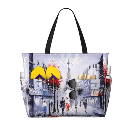 Paris City Tree Eiffel Tower Art Print Large Capacity Beach Tote Bag for Women, Waterproof Beach Travel Bag