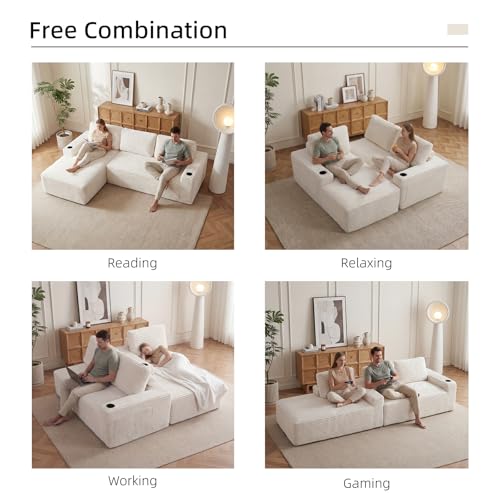 Image of 104 inch L Shaped Boneless Sectional Couches for Living Room, Comfy Corduroy Floor Cloud Sofa with Chaise and Cup Holder, Wide Armrest, Deep Seat, Assembly Free, Ideal for Small Spaces, Beige