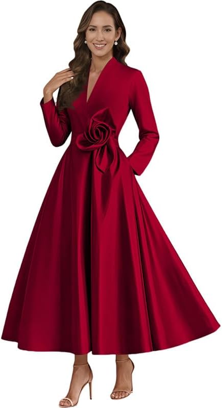 Satin Long Sleeve Mother of The Bride Dresses with Pockets A-Line V Neck Flower Formal Evening Gown - Image 4