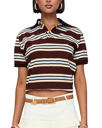 Women's Summer Polo Shirts Casual Striped Print Lapel Collar Short Sleeve Tops Streetwear Aesthetic Clothes