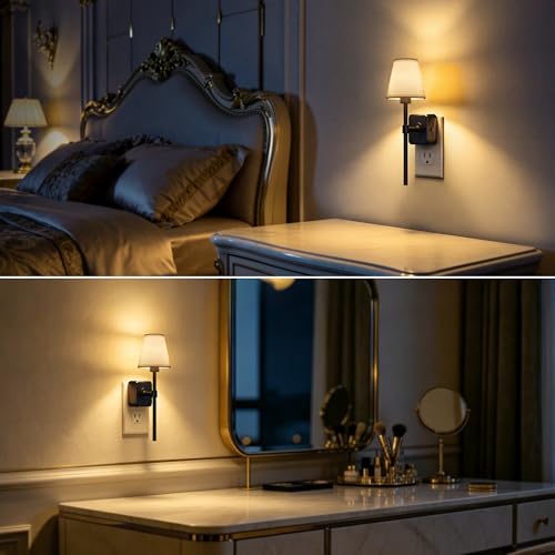 Image of Briignite LED Night Lights Plug into Wall, Vintage Linen Fabric Lamp Cover Decorative Night Light, Dusk to Dawn Sensor, 0-100LM Dimmable Nightlight for Bedroom Living Room Hallway