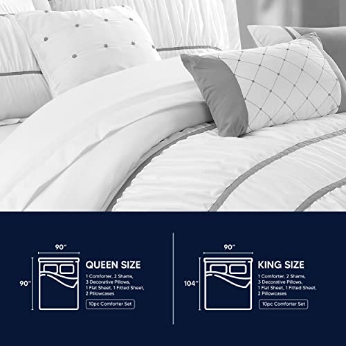 Chic Home Cheryl 10 Piece Comforter Complete Bag Pleated Ruched Ruffled Bedding With Sheet Set And Decorative Pillows Shams Included, Queen, White #TOP5