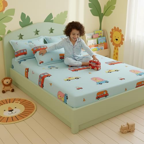 Image of Filymore Kids Double Bed Sheet Set - Cartoon Bus Theme, 240 TC Soft Microfiber, Includes 2 Pillow Cover, Double Bed Bedspread (90x90 in), Sky Blue and Red Colour