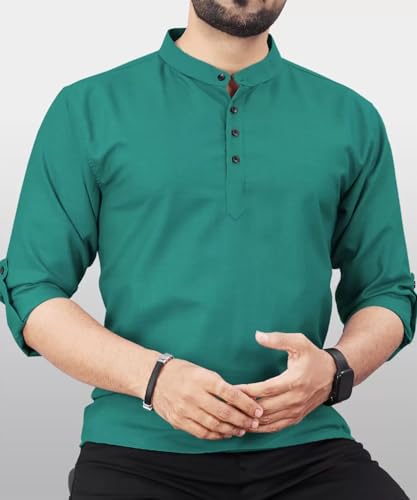 Image of DEEMOON Men's Regular Fit Solid Sprad Collar Casual Shirt with a Trendy Mandarin Collar Crafted from a Premium Cotton Blend