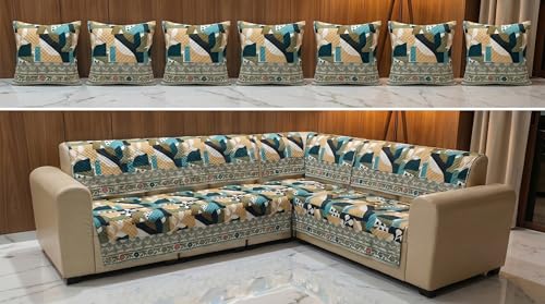 Image of Luxury Sofa Cover L Shape 7 Seater with Matching Cushion Cover 16x16 inch - Teal Abstract Floral 4+3 Seater (7 Seater) Quilted Sofa Cover Set Pack of 12, Washable, Teal Mustard Multi