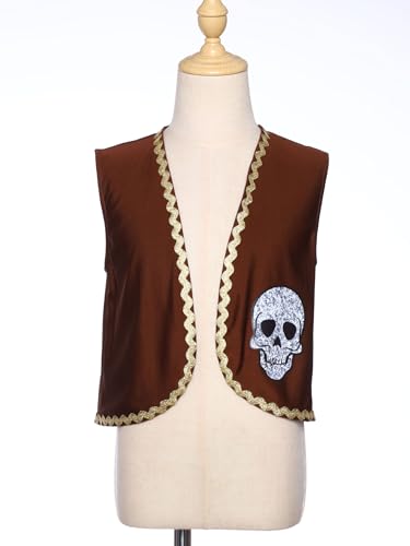 Moily Kids Boys Pirate Vest Skeleton Print Gold Hem Sleeveless Open Front Waistcoat Top Mini Jacket3