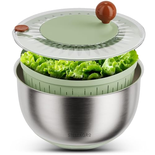 Large Stainless Steel Salad Spinner 5.3QT, Lettuce Dryer, Vegetable Washer with Brake Button...