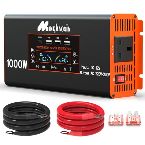 MInghaoxin 1000W Pure Sine Wave Inverter 12V to 240V - 2000w Peak with LCD Display UK Sockets and 3USB for Motorhomes Truck Boat Camping Household Van