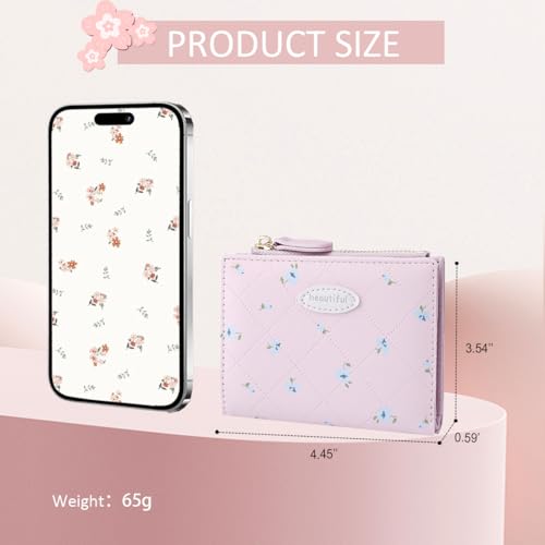 Small Wallet Cute Coquette Floral Print Wallet with Zipper Coin Purse ID Credit Card Holder for Women (PINK)4
