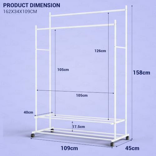 Image of Lukzer Double Rod Metal Garment Stand with Wheels & 2-Tier Storage Organiser Shelves, Portable Clothes Rack and Coat Hanger With Shoe Rack for Bedroom, Entryway & Boutique (White /109 x 48 x 158 cm)