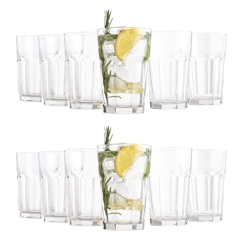 Vikko Large Drinking Glasses, 14 Ounce Glass Cups, Durable Glasses Drinking Set of 12, Stackable Water Glasses, Highball Glasses, Heavy Base Tumblers & Water Glasses, Dishwasher Safe Cups for Kitchen