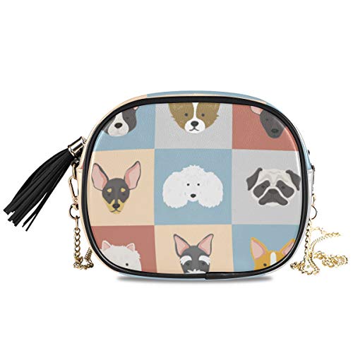 LAZEN Bolso Perro Mascotas Patrón de cabeza para mujer Chica con correa de cadena extraíble Impresión Borla Top Zipper Crossbody Bag