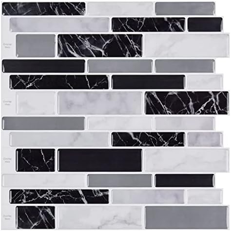 WOWSTAR 10-Sheet Peel and Stick Backsplash Tiles, Marble Look Stick on Tiles for Kitchen, 11.5"x11.5" (Black Marble)
