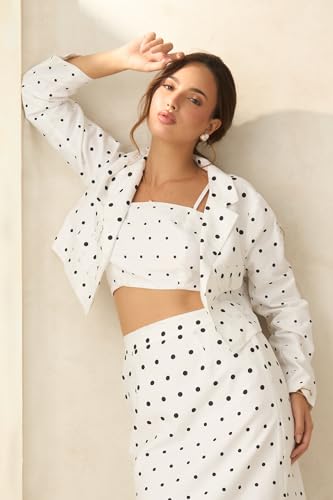 Image of VIRGIO Women's Polka Dot Crop Blazer - 100% Cotton Tailored Fit Cropped Jacket, Lightweight Breathable Cotton Blazer for Women, Casual Wear, Office Wear, Stylish Layering Piece