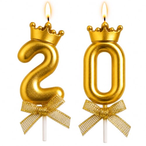 Image of Gold Crown Number 20 Birthday Candle for Cake Decoration | Premium Metallic Gold Anniversary & Birthday Cake Topper Candle Set for Women, Girls, Couple Celebration Party Decor, 2 pcs