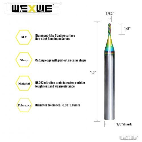 Image of Tools Ball Nose Carbide End Mill, DLC Coating, CNC Cutting Tools for Aluminum Cutting, More Wear Resistant, Suit for 3D Carving & Engraving. 2 Flute Router Bits,1 /8 Shank (1 /32-1.5 inch 5pcs
