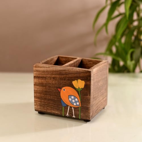 Image of Aakriti Art Creations Handcrafted Mango Wood Cutlery Rack for Kitchen & Dining Table |Wooden Cutlery Holder & Organizer | Kitchen Accessories | Dining Table Decoration Items |Indian Handicraft | Brown