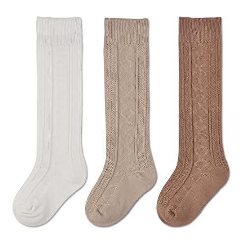 EPEIUS Baby Knee High Socks Newborn Girls Seamless Stockings Baby Over the Knee Socks Cable Knit Dress Sock 0-6 Months 3 Pack Ivory White Brown Khaki