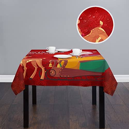 Christmas Table Cloth, Durable Waterproof Tablecloth, Polyester Table Cover For Kitchen Dinning Wrinkle Free Tablecloths 60X102Inch, Santa Claus With Reindeer Red Snowflakes Background #TOP1