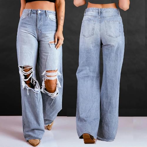 Women's Jeans High Waist Ripped Jeans for Women Fashion Loose Denim Wide Leg Pants Street Casual Trousers4