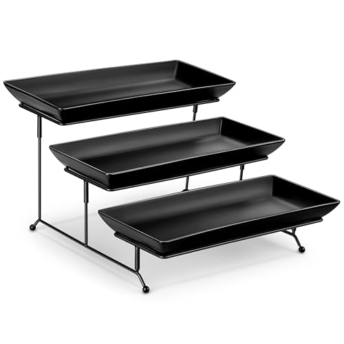 MALACASA 3 Tier Serving Platter, 14 Inch Porcelain Cake Stand with Black Mental Display Stand for Party Supplies, Ceramics Rectangular Serving Dishes for Dessert, Fruit, Cookies, Sushi, Black