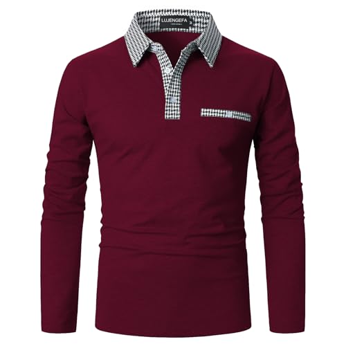 LUJENGEFA Mens Long Sleeve Polo Shirts with Collar Houndstooth Casual Slim fit Golf Polo Fall Winter Cotton T Shirts Tops for Men Wine Red L