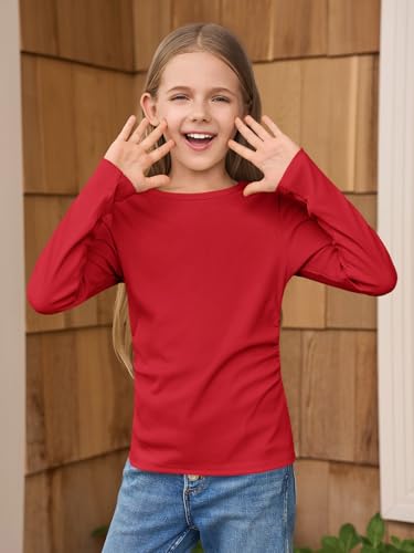 Image of Haloumoning Girls Long Sleeve Shirts Crewneck Ruched Side Slim Fit Tops Ribbed Knit Casual Tee Shirt 4-15 Years