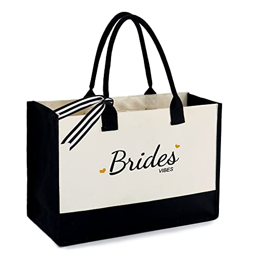 BeeGreen Personalized Tote Bag For Women with Removable Bottom Support 13OZ Canvas Monogram Embroidery Initial Tote Bag, Brides Vibes/Two Golden Heart, Large, Brides Vibes/Two Golden Heart