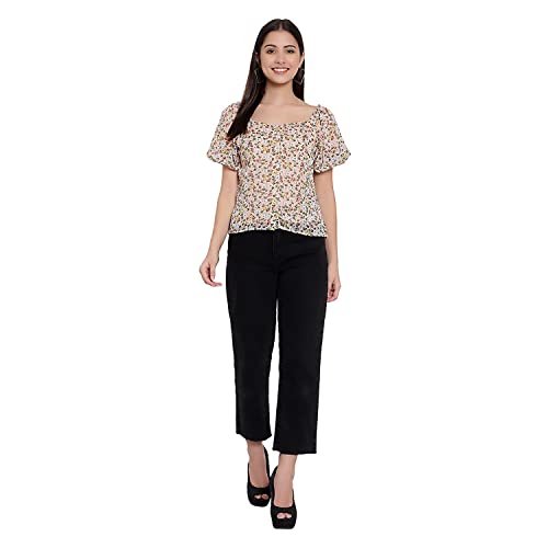 Image of FNOCKS Women Button Closure Short Sleeves Floral Printed Tops /Georgette Fabric