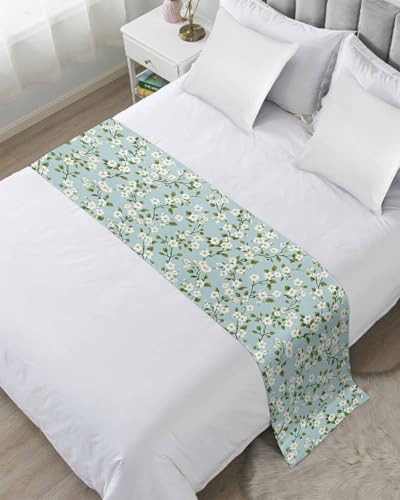 DecorLovee White Teal Spring Floral Bed Runners for Twin Size Bed, Decorative Bed Throws for Foot of Bed, Farmhouse Flowers Summer Botanical Bed Runner Sofa Throw Bedding Scarf Protector for Bedroom