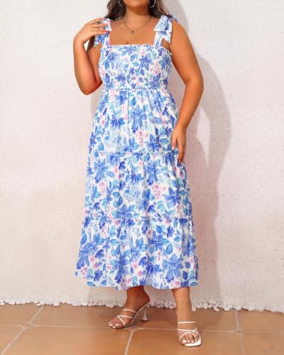 Image of Plus Size Summer Dress - Sun Boho Beach Casual Floral Tiered Smocked Long Maxi Dresses