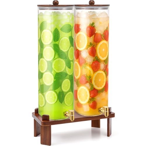 FillTouch 2 Pack 5 Gallon Glass Drink Dispenser with Acacia Wood Stand and Lid, Large Glass Beverage Dispenser with Spigot Perfect for Juice, Tea, Sangria, Lemonade, Weddings, Party, Outdoor Events