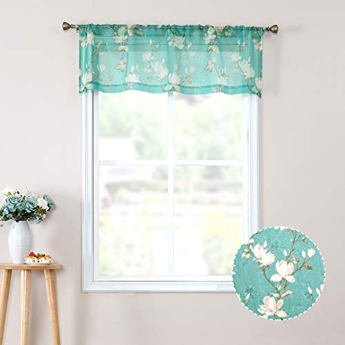 Tollpiz Floral Turquoise Sheer Valance Curtains Flower Print Vine Embroidery Bedroom Curtain Valances Rod Pocket Voile Window Curtains for Living Room, 54 x 16 inches Long, Set of 1 Panel