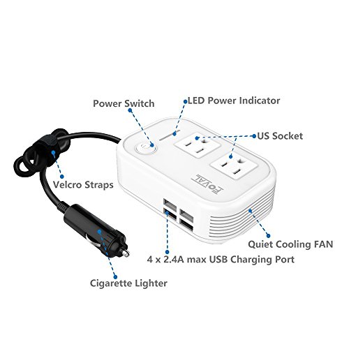 Foval 200W Car Power Inverter DC 12V to 110V AC Converter with 4 USB Ports Charger (White)