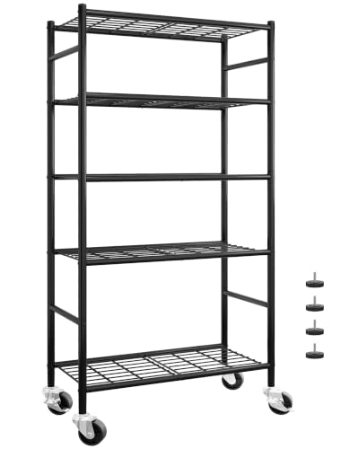 Sakugi 5-Tier Storage Shelves 33.1" x12.6" x73.5" Black with Wheels