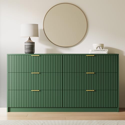 Image of MAISONARIA Green 6 Drawer Dresser for Bedroom, 55 inch Wide Modern Chest of Drawers with Gold Metal Handles, Fluted Wood TV Stand for Living Room, Hallway