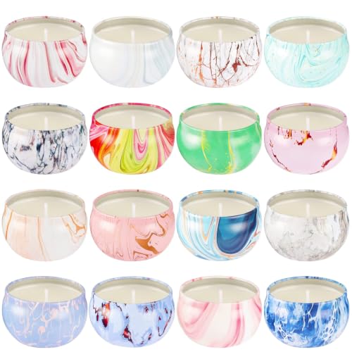 Image of 16-Pack Scented Candles Gift Set for Women - Marble Pattern Aromatherapy Candle with Lids, Natural Soy Wax Travel Tins, Stress Relief Home Scents & Birthday Gifts