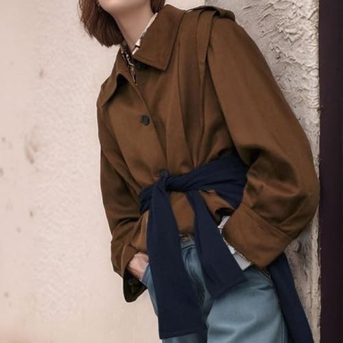 Xunger Women’s Vintage Pleated Jacket Lapel Collar Long Sleeve Button Down Solid Color Crop Trench Coat3