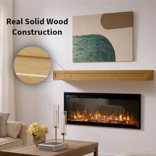 Image of Touchstone 60 inch Floating Fireplace Mantel with Hidden Storage - Wall Mounted Solid Pine Wood Mantel Shelf with Drop-Down Door - Rustic Farmhouse Design - Natural Pine Finish