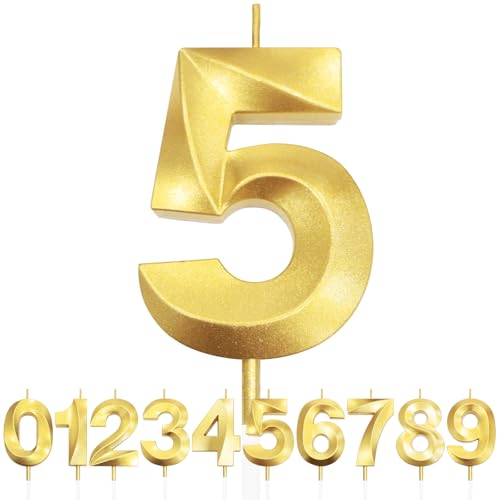 Número 5 Vela de Cumpleaños con Purpurina Dorada y Diseño 3D, Velas con Números, Decoración de Tarta, Vela de Tarta para Fiesta de Cumpleaños, Aniversario de Boda, Decoración de Fiesta