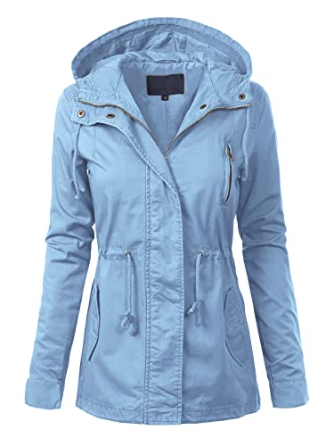 MixMatchy Women's Casual Military Anorak Jackets Zip Up Snap Button Hooded Parka Safari Utility Coats Outerwear Sky Blue 1XL