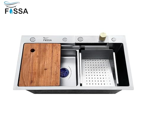 Image of Fossa 30x18x9 Inches Single Bowl Waterfall Kitchen Sink, Nano 304 Grade Stainless Steel, Rectangular Workstation,Faucet with all Accessories,Brushed Silver Matte Finish