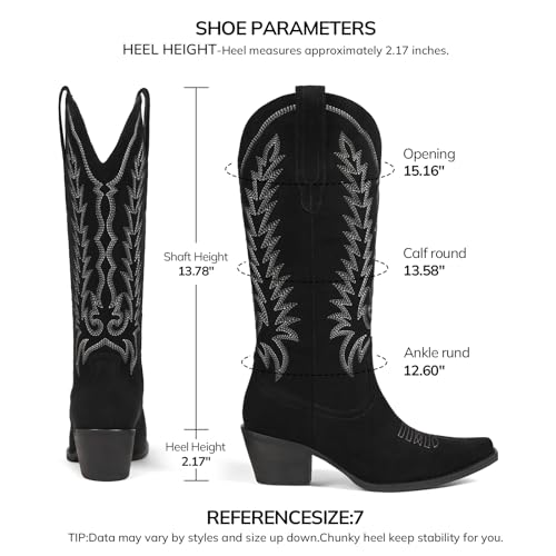 Image of Tscoyuki Cowboy Boots for Women: Embroidered Western Knee High Boots Women - Pointed Toe Chunky Heel Cowgirl Tall Boots
